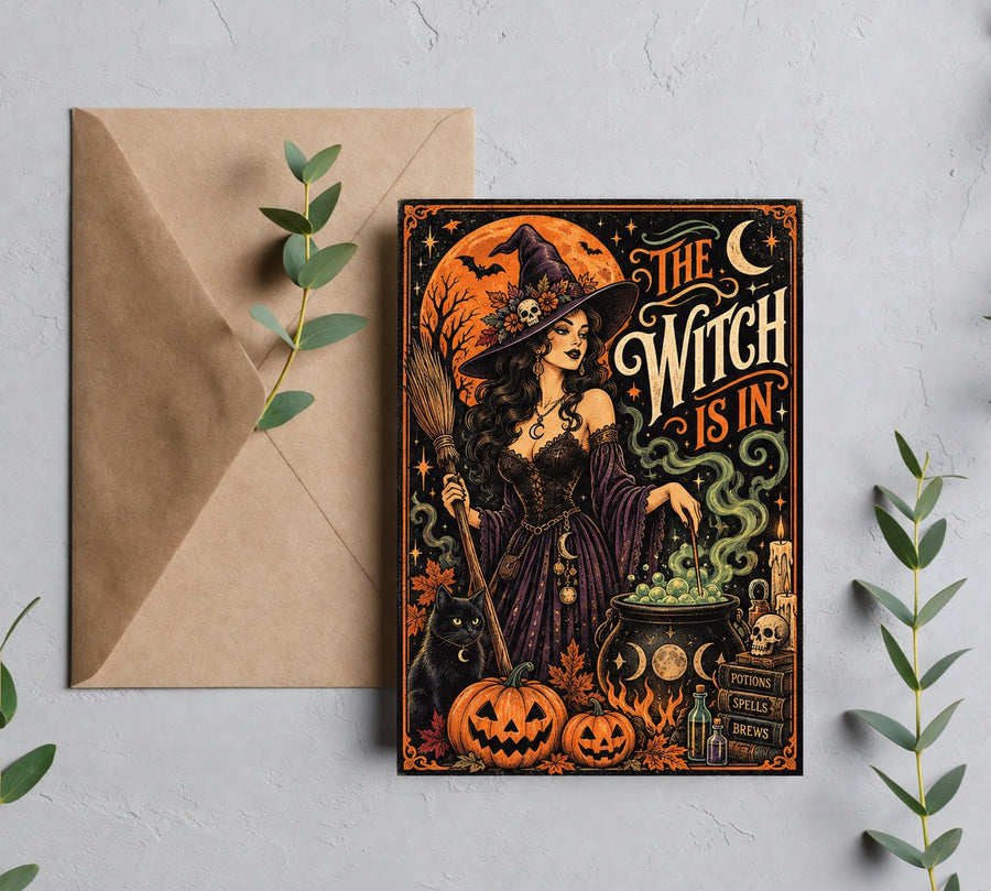 The Witch Is In vintage Halloween greeting card mockup with brown envelope