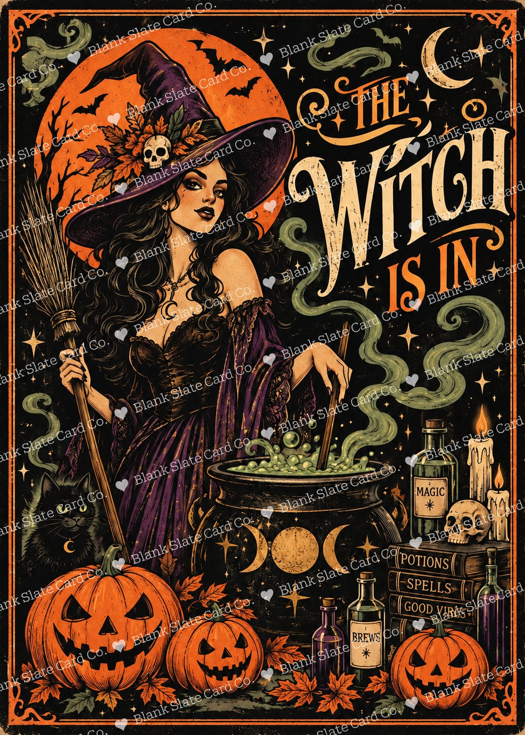 The Witch Is In vintage witch Halloween greeting card artwork