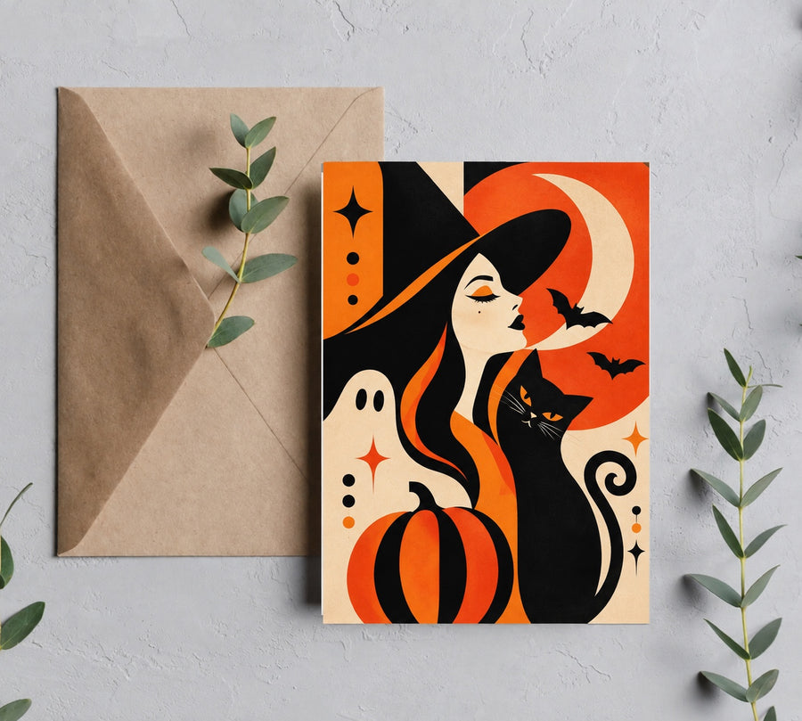 The Witch Is In vintage Halloween greeting card in orange with brown envelope