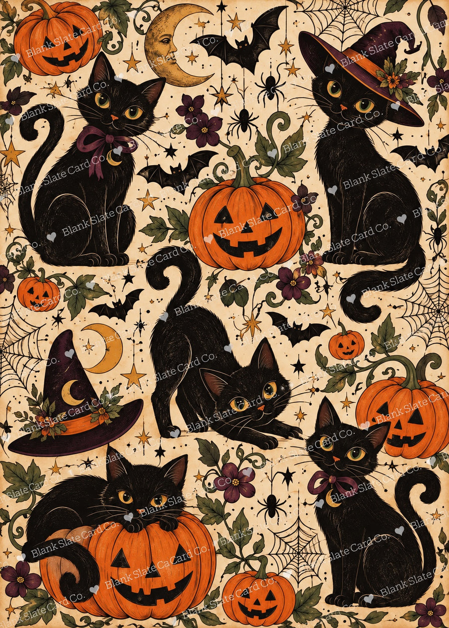 Vintage black cat Halloween greeting card and kraft envelope mockup