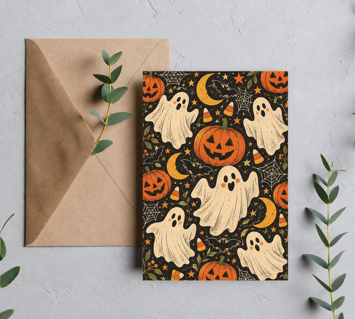 Vintage Halloween ghosts and pumpkins 5x7 greeting card with kraft brown envelope