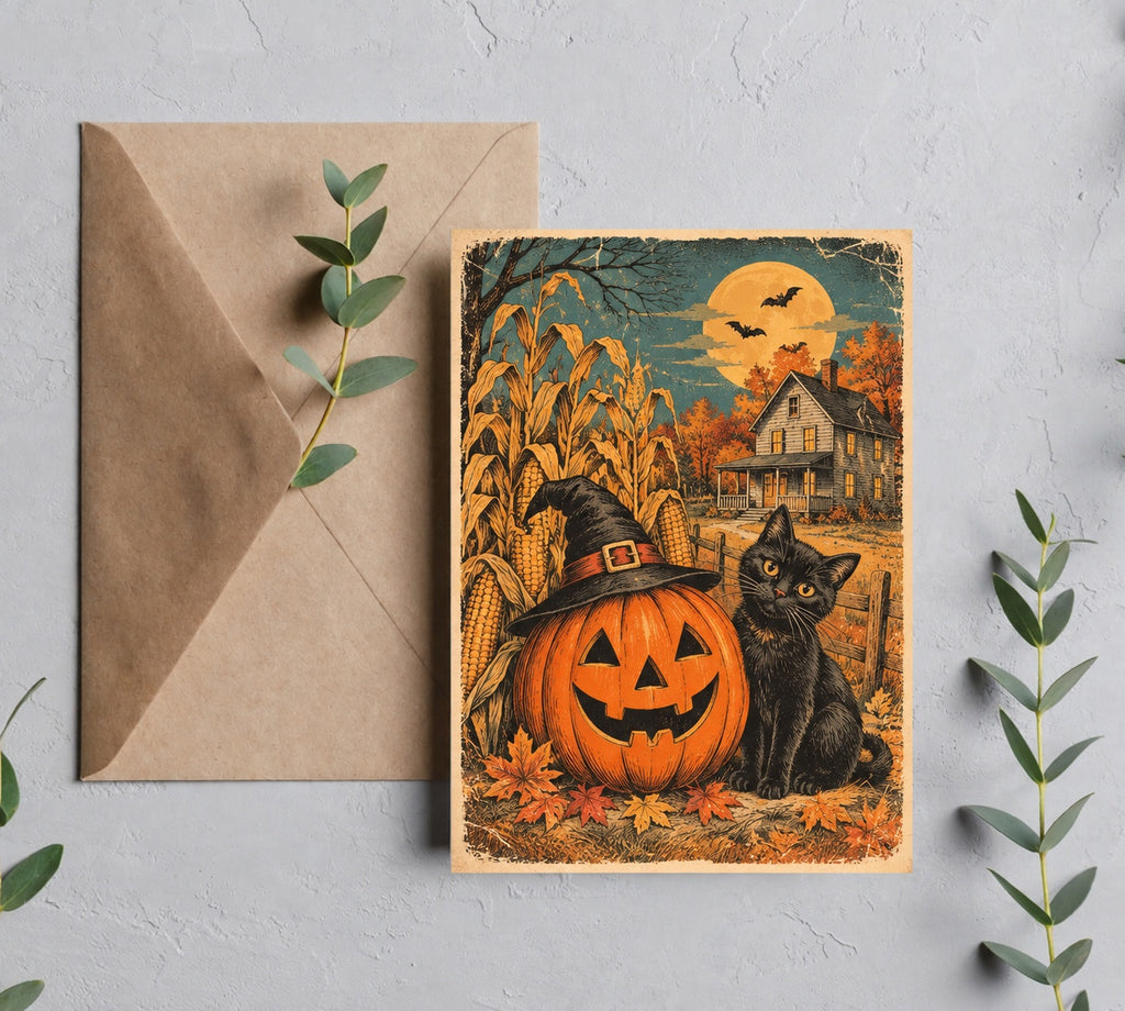 Vintage Halloween Postcard greeting card product mockup with brown envelope