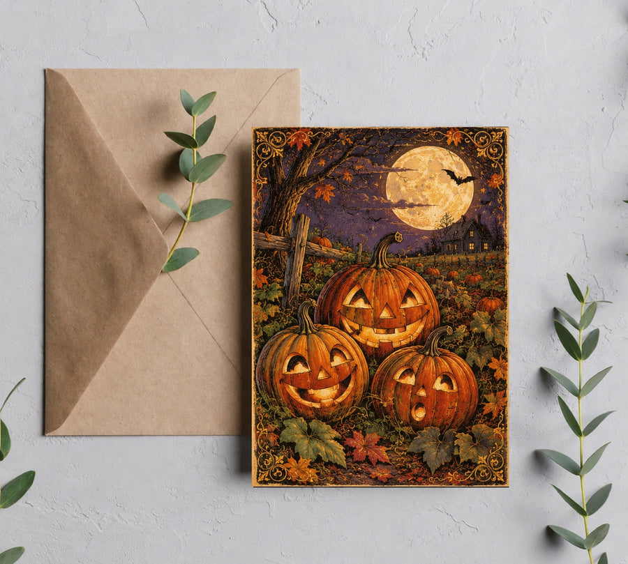 Vintage Halloween greeting card mockup showing a 5 x 7 card with three glowing jack-o-lanterns beneath a full moon, pumpkin patch, farmhouse, and brown envelope