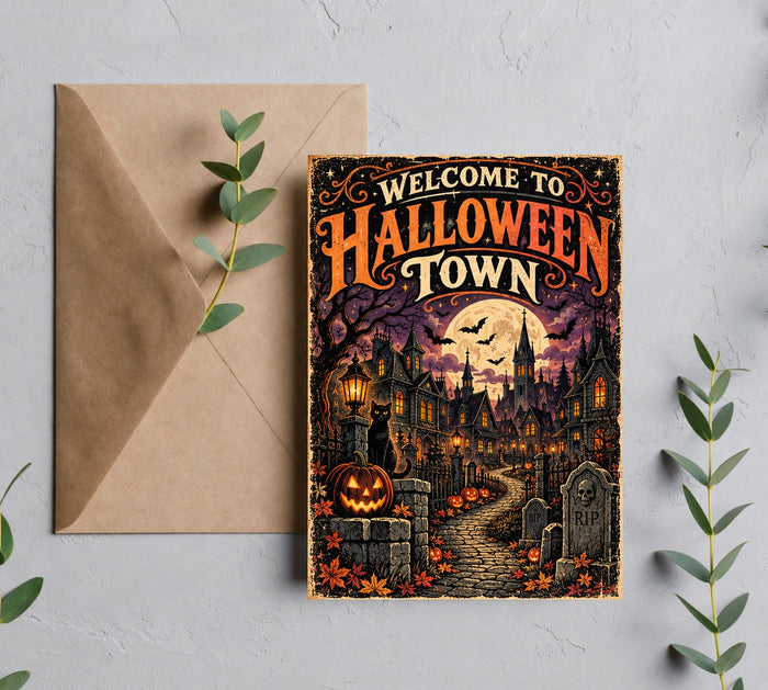 Welcome to Halloween Town vintage Halloween greeting card mockup with brown envelope