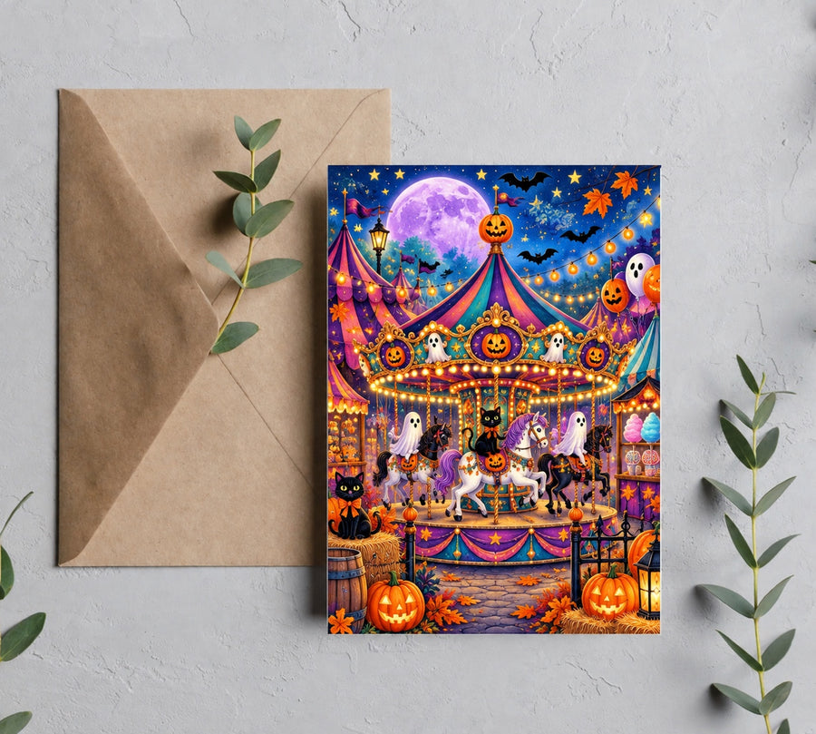 Whimsical Halloween carnival 5x7 greeting card mockup with colorful carousel artwork and kraft envelope
