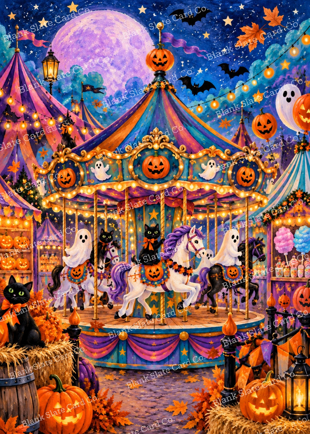 Whimsical Halloween carnival 5x7 greeting card artwork with carousel, pumpkins, ghosts, black cats, bats and lavender moon