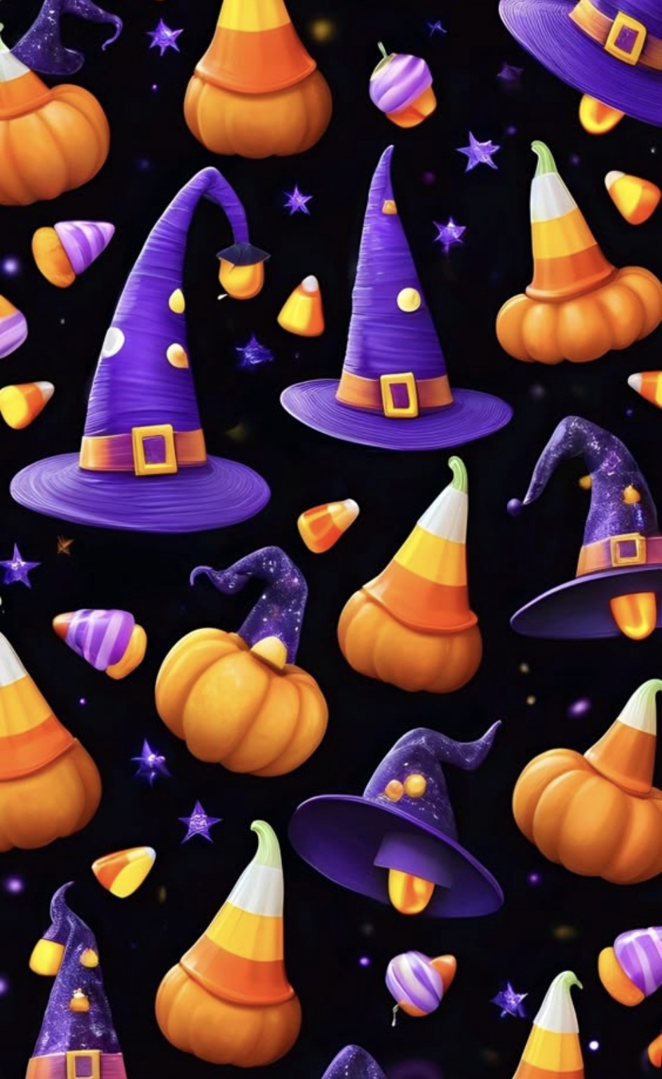 Close-up of purple witch hats, orange pumpkins and candy corn on black