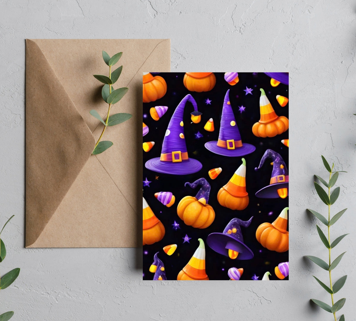 Purple witch hats, orange pumpkins and candy corn on a black 5x7 card beside a kraft envelope