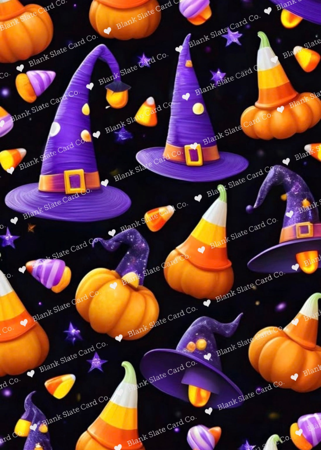 Watermarked artwork of purple witch hats, pumpkins, candy corn and stars
