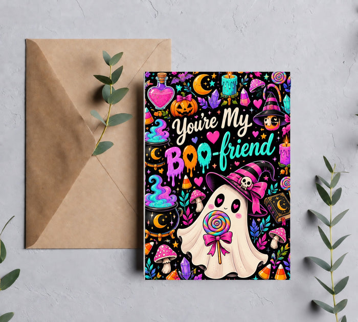 You’re My Boo Friend Halloween card mockup with colorful ghost candy pop artwork and brown envelope
